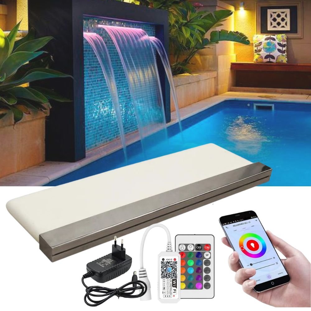 Cascata para Piscina 120cm de Embutir com Iluminação Led RGB e Controlador WiFi