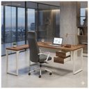 Ver mais imagens de Mesa em L Pé Quadro (Mesa 1,50m + Mesa Auxiliar) c/ Gavetas Workstart Nogal Sevilha/Champanhe