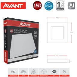 Painel Led Sobrepor Quadrado 24w 6500K Bivolt Branco Frio Avant - 3