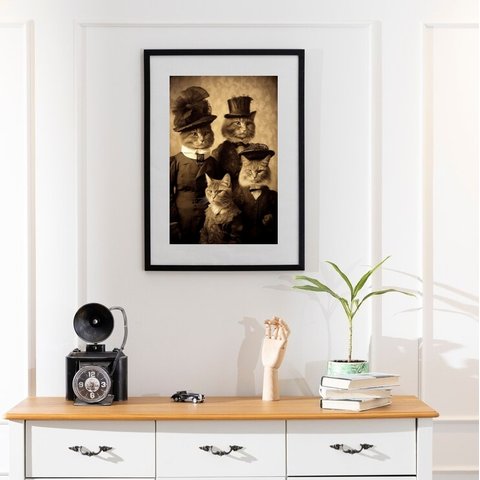 Quadro Família de Gatos Antiga - 60x48cm:moldura Branca