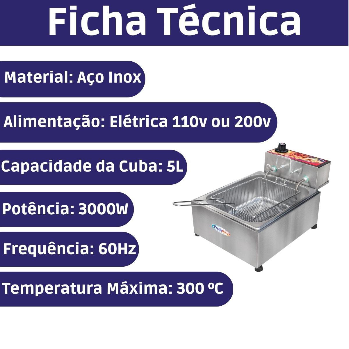 Fritadeira Elétrica Industrial Inox Cuba 5 Litros com Cesto:127v - 2