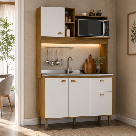 Cozinha Compacta 120cm 4 Portas 1 Gaveta com Armário e Balcão Azaleia Mel/Branco - Mademóvel