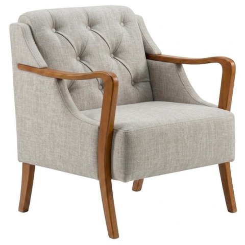 Poltrona Decorativa Siena Capitonê Linho Bege com Pés de Madeira 75cm
