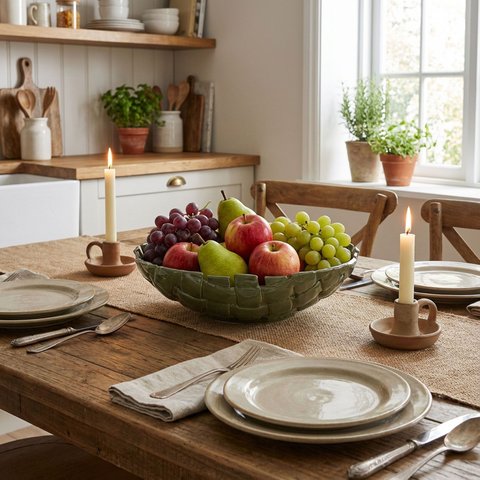 Centro Mesa Decorativa Fruteira Home&co Cerâmica 10x33x33cm Verde