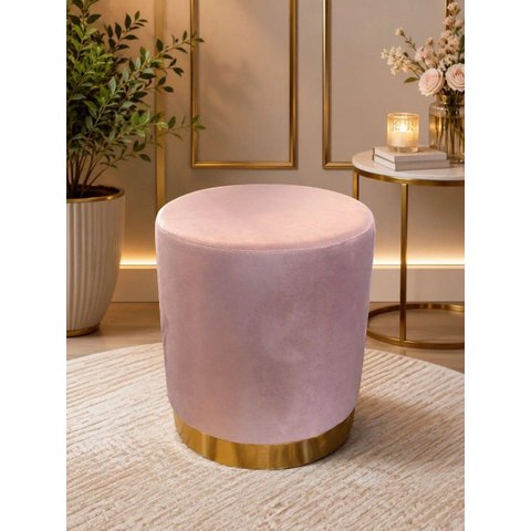 Puff com Rodape Dourado, Cor Nude Rose Veludo - Let Móveis