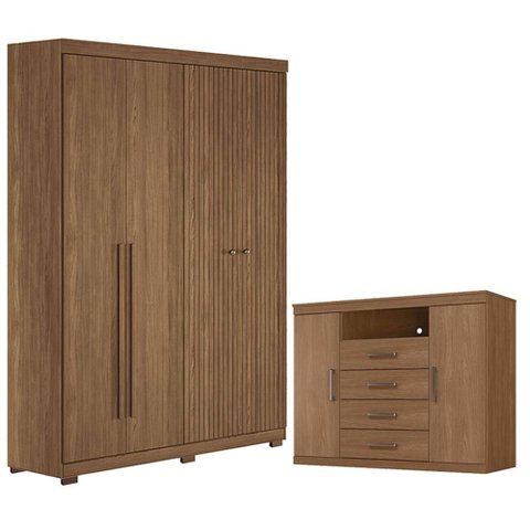 Guarda Roupa Casal Ripado 4 Portas Buriti com Pés e Cômoda Havana Master Jatobá Acetinado - Santos a
