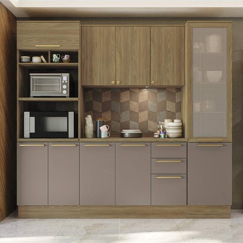 Armário de Cozinha Modulada Completa Reta 5 Peças 2,40m Botanic Kappesberg - Nogueira/Fendi