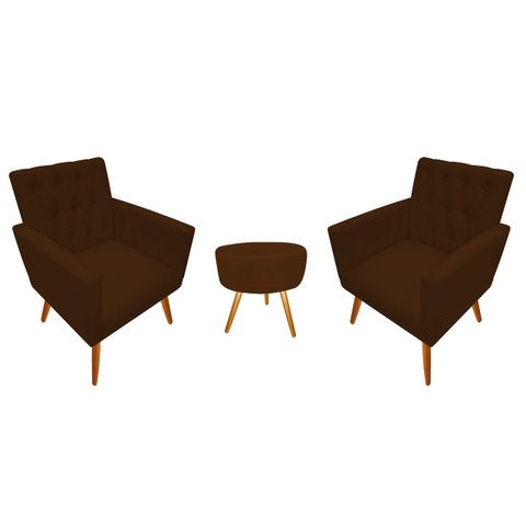 Kit 2 Poltronas Decorativa Nina Capitonê + Puff Redondo Couro Marrom Pés Madeira Mz Decor