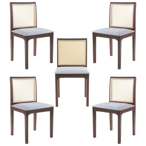 Kit 05 Cadeiras Sala de Jantar Madeira Maciça Steve Tela Rattan Sextavano Linho Cinza/Amêndoa G55 - 