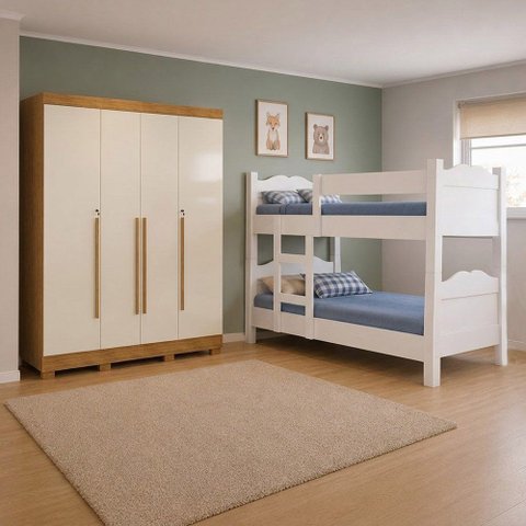 Kit Quarto Beliche Madrid com Grades Guarda Roupa Domus Max 4 Portas Branco Off White