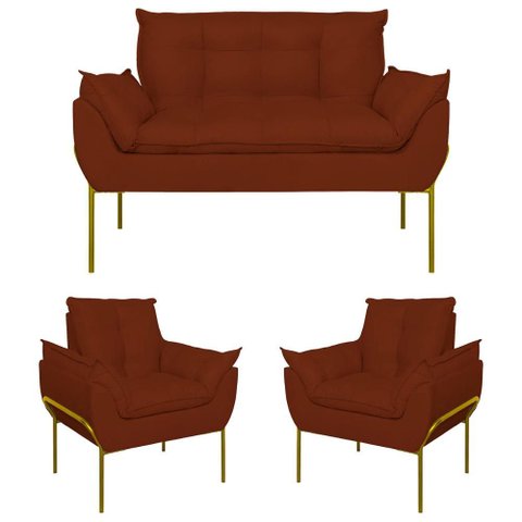 Kit 2 Poltronas + Namoradeira Pé Metal Dourado Recepção Sala Cor:terracota