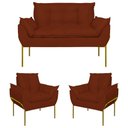 Ver imagem 1 de Kit 2 Poltronas + Namoradeira Pé Metal Dourado Recepção Sala Cor:terracota