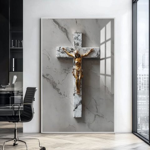Quadro Crucifixo Jesus: Moldura Branca Canvas com Vidro/ 100x150