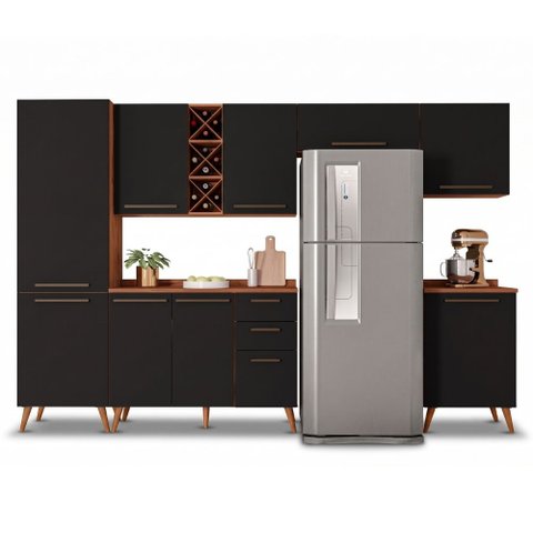 Armário de Cozinha Completa com Adega 9 Portas 3 Gavetas Favorita Preto/Nature