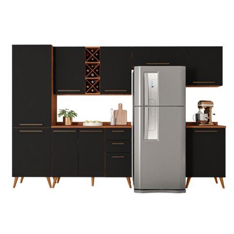 Armário De Cozinha Completa Com Adega 9 Portas 3 Gavetas Favorita Preto/Nature