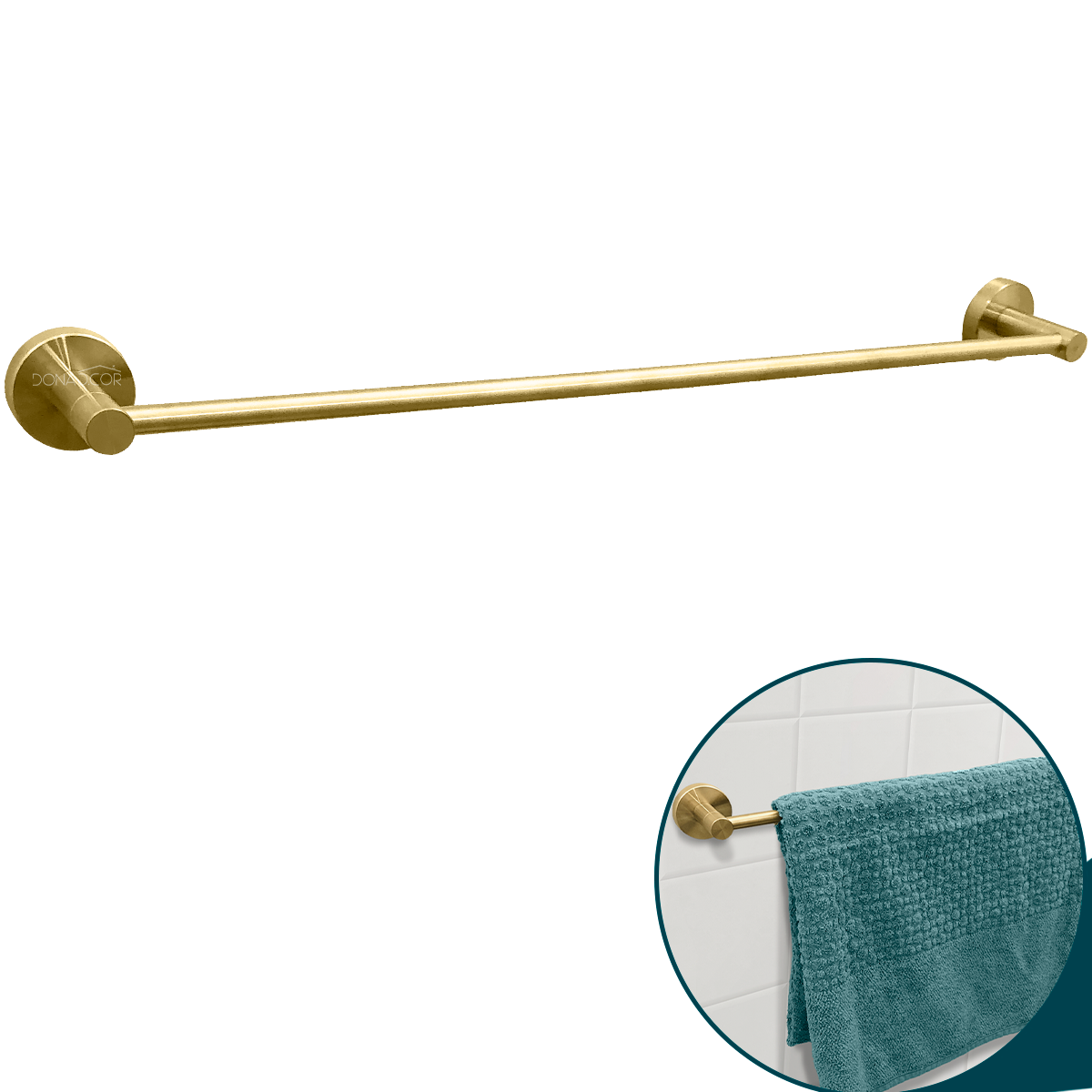 Porta Toalha de Banho Dourado Escovado Toalheiro Inox 60cm Barra Simples Acessório Parede Banheiro