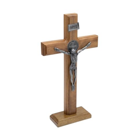 Crucifixo Cruz Medalha de São Bento Prateado Parede e Mesa 26 Cm