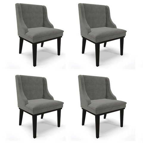 Kit 4 Cadeiras Estofadas para Sala de Jantar Base Fixa de Madeira Preto Lia Suede Grafite - Ibiza