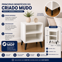 Ver imagem 7 de Mesa de Cabeceira Retro MDF Branco, Pés Palito Preto Nicho Prateleira - Ideal para Espaços Pequeno
