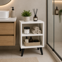 Ver imagem 2 de Mesa de Cabeceira Retro MDF Branco, Pés Palito Preto Nicho Prateleira - Ideal para Espaços Pequeno