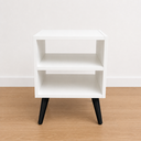 Ver imagem 1 de Mesa de Cabeceira Retro MDF Branco, Pés Palito Preto Nicho Prateleira - Ideal para Espaços Pequeno