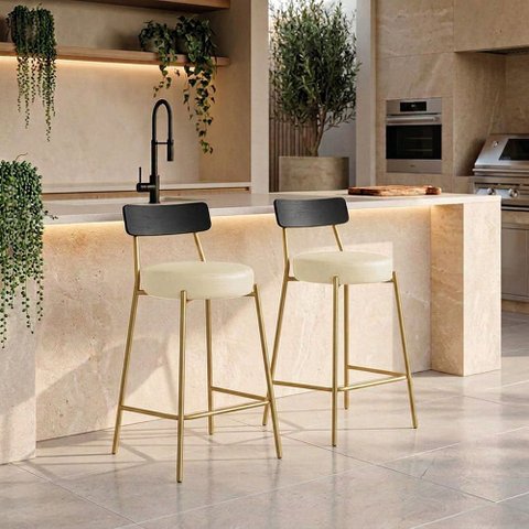Banqueta Cozinha Média Encosto Preto KIT2 Industrial Dourado Londrina PU D03 - D'Rossi