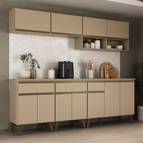 Cozinha Completa Atlanta City Avenue 11 Portas 3 Gavetas MDP 225cm Amêndoa Móveis Carraro