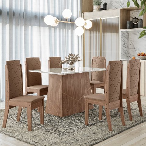 CONJUNTO SALA DE JANTAR LUANDA 1,35 X 0,90 COM 6 CADEIRAS AMÊNDOA 73B