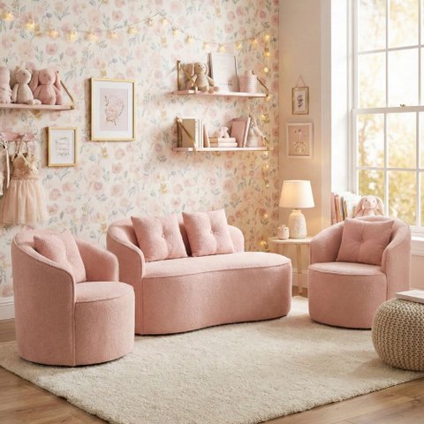 Kit de 01 Sofá Orgânico Curvo Feijão + 02 Poltronas Confortável Sala Estúdio Amore Bouclê Rosê - Mon