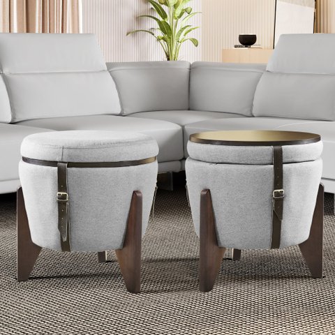 Pufe Mesa Centro Baú Pés Preto Linho Chumbo Soft Tampo Preto