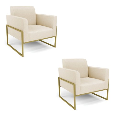 Kit 2 Poltronas Base Industrial Alta Dourado Marisa Linho Bege A19 D03 - D’Rossi
