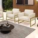 Ver imagem 2 de Kit 2 Poltronas Base Industrial Alta Dourado Marisa Linho Bege A19 D03 - D’Rossi