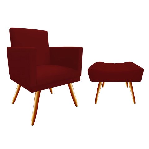 Kit Poltrona Decorativa Bia + Puff Retangular Suede Marsala Pés Madeira Mz Decor