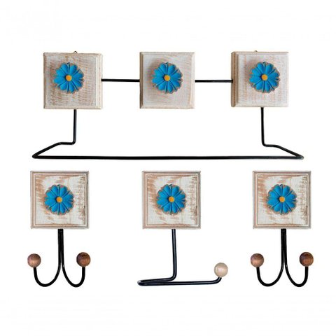 Kit Banheiro com 2 Toalheiros Duplos + Porta Papel Higiênico + Toalheiro Rustico Artesanal Cor Azul