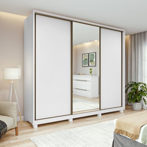 Guarda-roupa Casal 100% Mdf 3 Portas 6 Gavetas Vitta 2,70 Glass e Pés Branco
