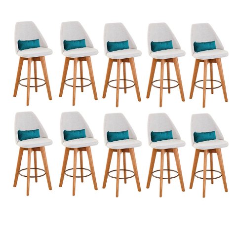 Kit 10 Banquetas Alta Maya Giratória Com Encosto Gourmet Linho Bege e Almofada Sintético Azul