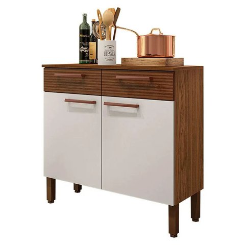 Balcão de Cozinha 90cm Nala 2 Portas 2 Gavetas - Kits Paraná Kits Parana Nogueira Off White Ripado
