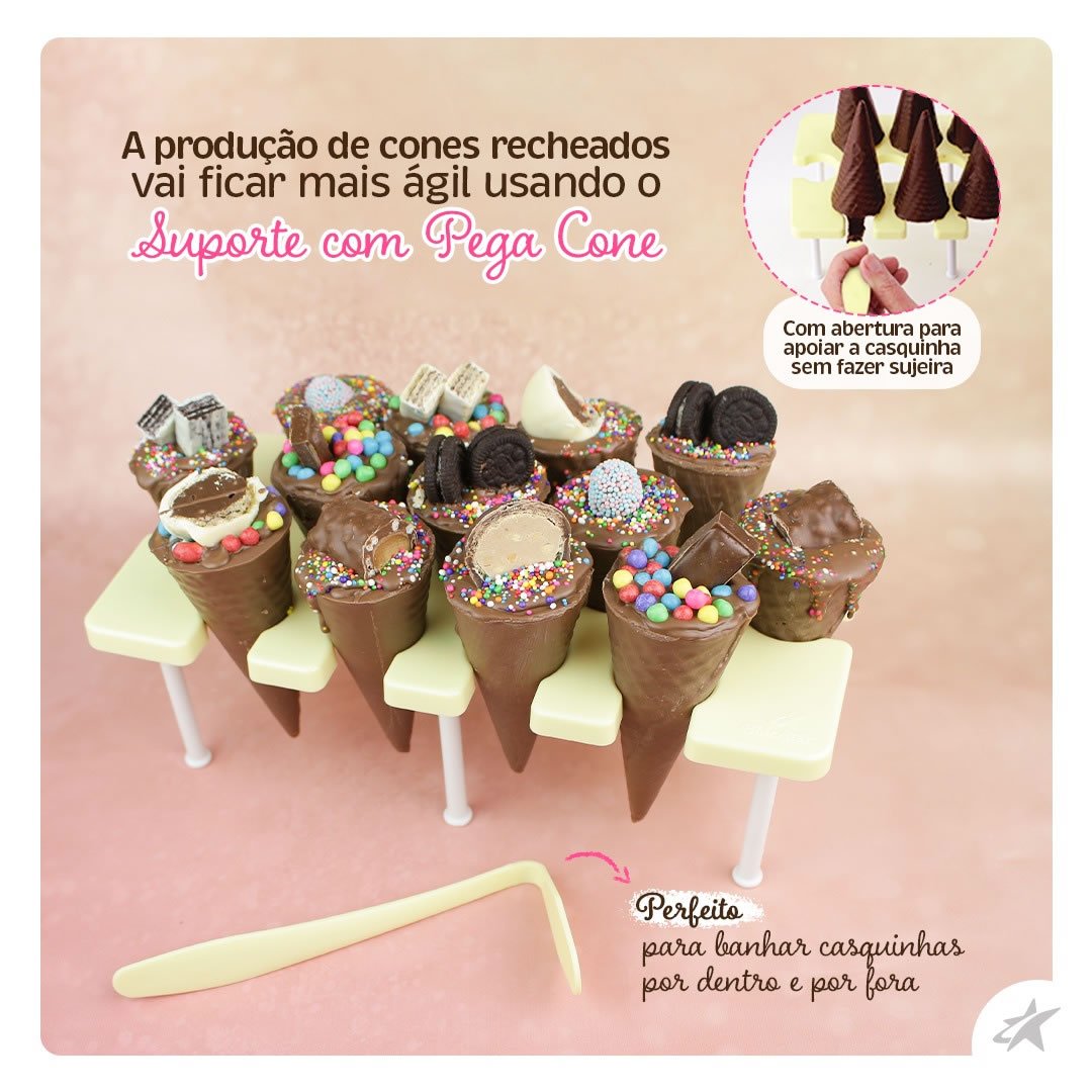 Kit Suporte Com Pega Cone Jogo Para Casquinha Cascão Chocolates Doces e Sobremesas Bluestar - 5