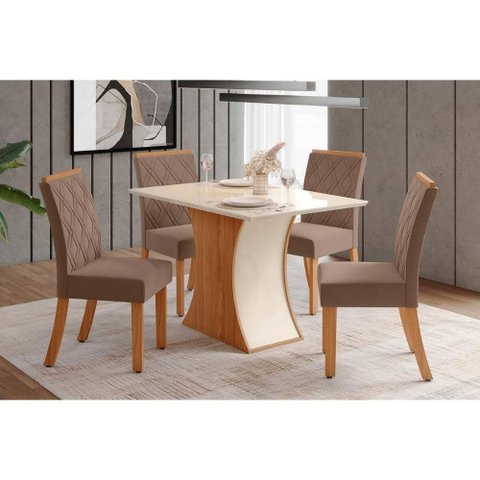 Conjunto: Mesa Sala Jantar Luiza C/ Tampo Reto Madeirado C/ Vidro 120x90cm e 4 Cadeiras Vita Nature/