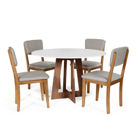 Mesa de Jantar Redonda Montreal Bran/nor com 4 Cadeiras Estofadas Ella Cinza Claro