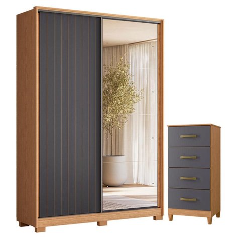 Guarda Roupa Solteiro Frizatto com Espelho e Cômoda Mobi Freijo Titanium - Móveis Albatroz