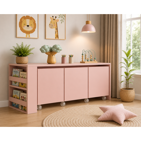 Mesa Organizador Infantil com Estante de Livros e Rodízios de Silicone Sal Rosa