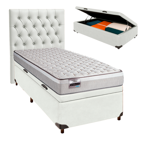 Conjunto Cama Box Bau Branco Solteiro + Colchão Molas Ensacadas Hanover Inducol + Cabeceira