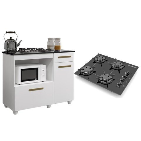 Kit Balcão para Cooktop Cozinha Kaiki Violeta Branco com Fogão Cooktop Chef 4 Bocas Ultrachama Preto
