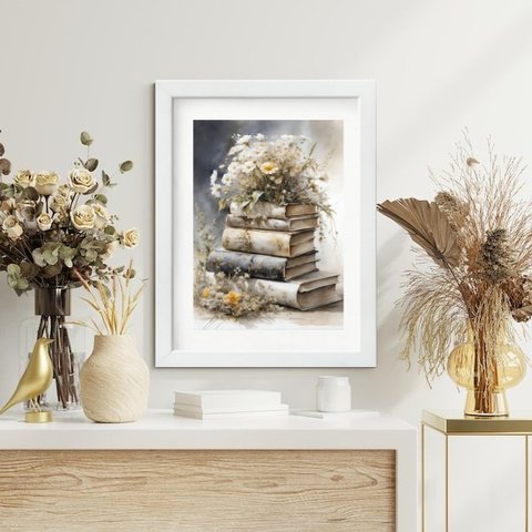 Quadro Livros e Flores 60x48cm:moldura Branca