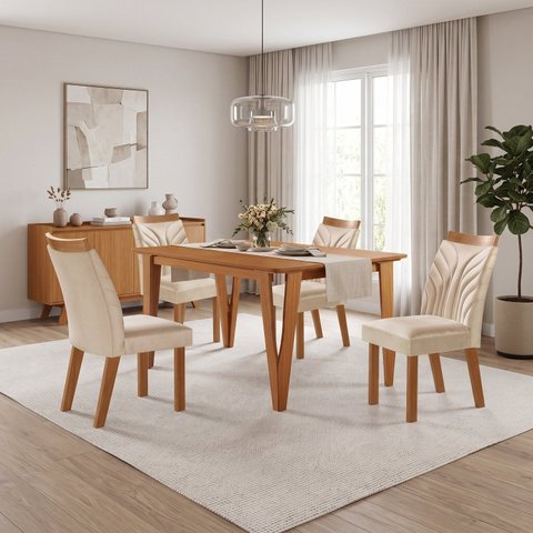 Conjunto Sala de Jantar Mesa Elos 1,35x0,90 Tampo Amadeirado 4 Cadeiras Veneza New Cinamomo Yescasa