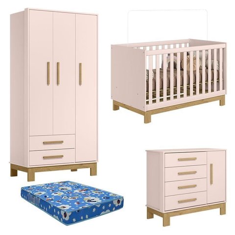 Quarto de Bebê Q Encanto Slim Rosa Acetinado com Colchão Tend Tudo – Qmovi
