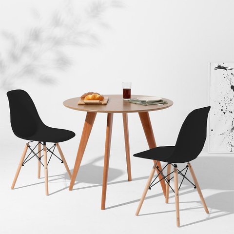 Conjunto Mesa Square Redonda Bétula - 88cm com + 2 Cadeiras Eiffel - Preto Conjunto Mesa Square Redo