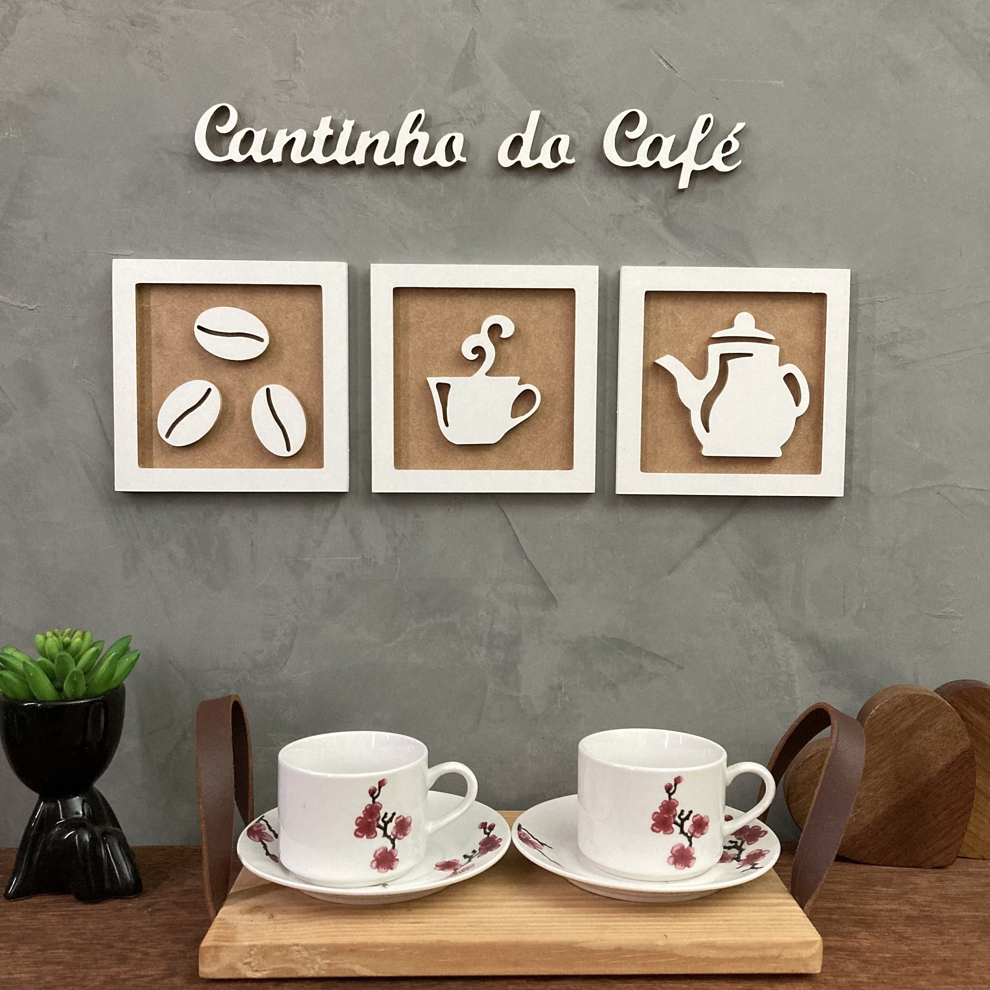 Kit 3 Quadros decorativos Cantinho do Café + Frase 3D relevo:Branco e Rústico - 1