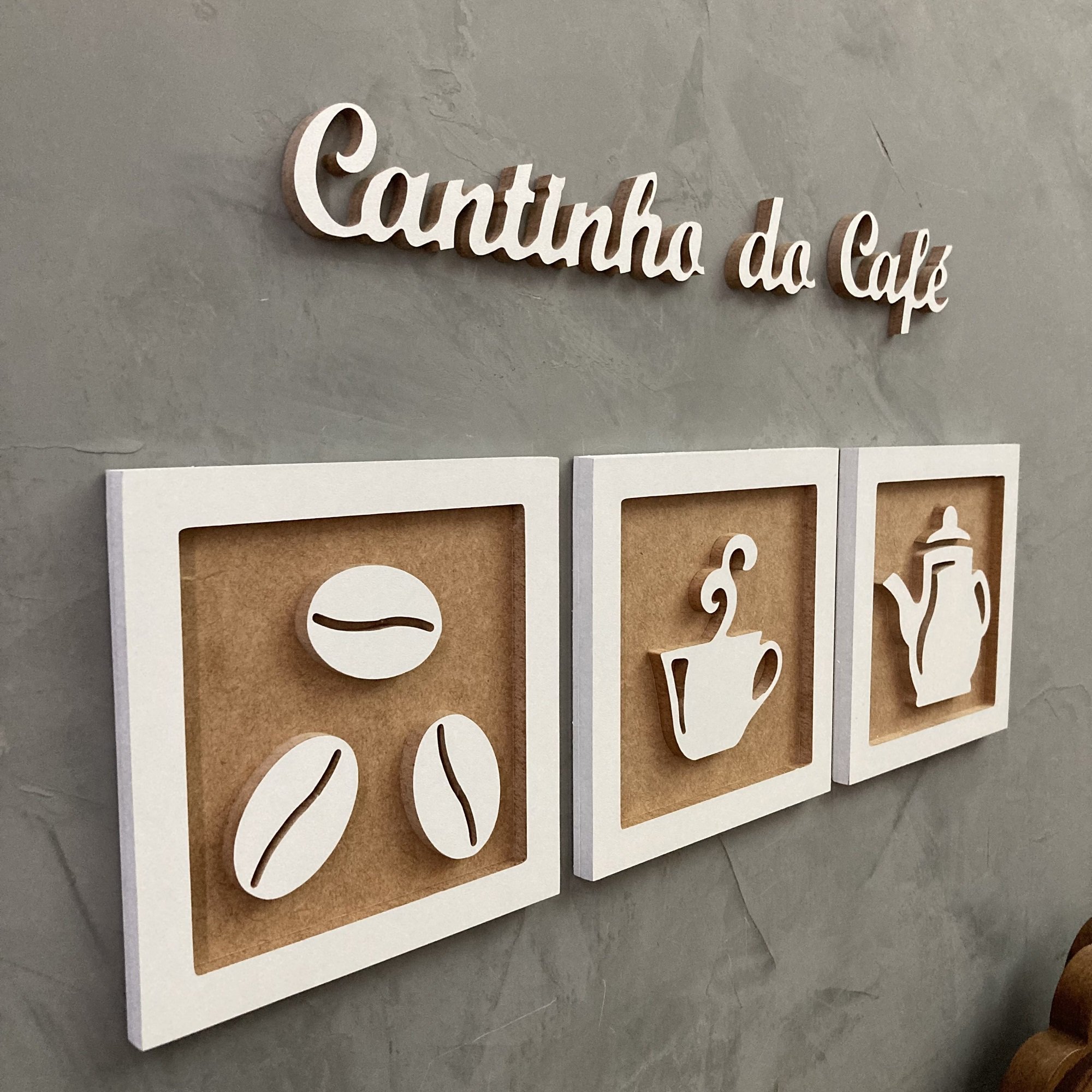 Kit 3 Quadros decorativos Cantinho do Café + Frase 3D relevo:Branco e Rústico - 2